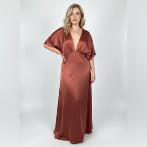 BHLDN x Anthropologie Leila Satin Charmeuse Maxi Dress in Rust Brown Sz 16
